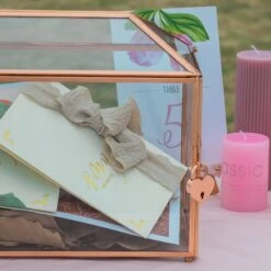 US Rose Gold Pink Pure Copper Standard Large Geometric Glass Card Box Terrarium With Slot, Lock, Handmade For Wedding Reception Wishwell -Ncyp Garden Sale Shop G01A1686
