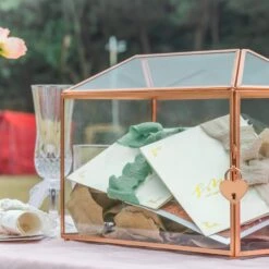 US Rose Gold Pink Pure Copper Standard Large Geometric Glass Card Box Terrarium With Slot, Lock, Handmade For Wedding Reception Wishwell -Ncyp Garden Sale Shop G01A1696