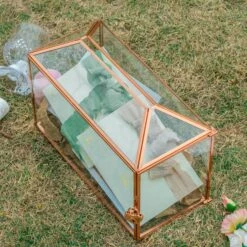 US Rose Gold Pink Pure Copper Standard Large Geometric Glass Card Box Terrarium With Slot, Lock, Handmade For Wedding Reception Wishwell -Ncyp Garden Sale Shop G01A1725