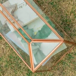 US Rose Gold Pink Pure Copper Standard Large Geometric Glass Card Box Terrarium With Slot, Lock, Handmade For Wedding Reception Wishwell -Ncyp Garden Sale Shop G01A1765