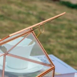 Geometric Glass Card Box Terrarium, Rose Gold, Pink House Shape Handmade, Pure Copper,for Wedding Reception, Wishwell, Keepsake Centerpiece -Ncyp Garden Sale Shop G01A1915