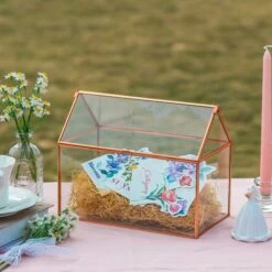 Geometric Glass Card Box Terrarium, Rose Gold, Pink House Shape Handmade, Pure Copper,for Wedding Reception, Wishwell, Keepsake Centerpiece -Ncyp Garden Sale Shop G01A1989