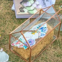 Geometric Glass Card Box Terrarium, Rose Gold, Pink House Shape Handmade, Pure Copper,for Wedding Reception, Wishwell, Keepsake Centerpiece -Ncyp Garden Sale Shop G01A2091