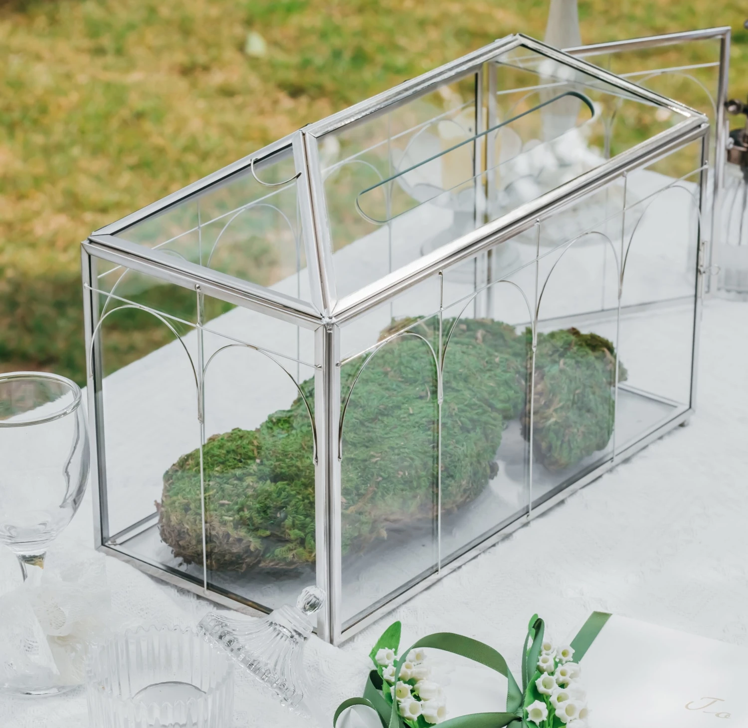 Vintage Silver Large Geometric Glass Card Box Terrarium With Slot, Heart Lock, Foot, Handmade Brass For Wedding Reception Wishwell Keepsake 16 Vintage Silver Large Geometric Glass Card Box Terrarium With Slot, Heart Lock, Foot, Handmade Brass For Wedding Reception Wishwell Keepsake - Image 16