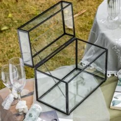 Lockable Black Geometric Glass Card Box Terrarium Foot Handmade Rectangular For Wedding Reception Wishwell Keepsake -Ncyp Garden Sale Shop G01A2551