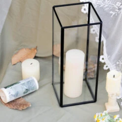 Tall Handmade Black Glass Candle Holder, Square, 9.8" Tall -Ncyp Garden Sale Shop G01A3053