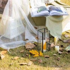 Tall Handmade Black Glass Candle Holder, Square, 9.8" Tall -Ncyp Garden Sale Shop G01A3134