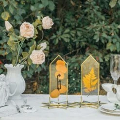 Geometric Gardenia Garden Gold Glass And Brass Wedding Table Number Holder, Pressed Flower Frame -Ncyp Garden Sale Shop G01A4791