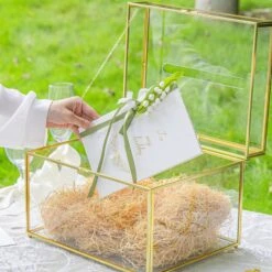 Handmade 12" Large Gold Rectangle Geometric Glass Card Box With Slot Lock For Keepsake, Wedding Reception, Postbox -Ncyp Garden Sale Shop G01A5707 8f1fa284 6310 4337 8228 b486d182f8a8