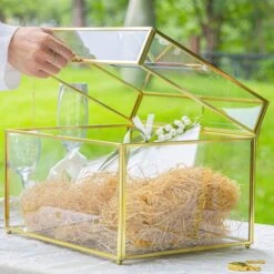Handmade 12" Large Gold Rectangle Geometric Glass Card Box With Slot Lock For Keepsake, Wedding Reception, Postbox -Ncyp Garden Sale Shop G01A5714 a9c68741 7594 493a 97a9 488f96eca24d