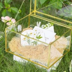 Handmade 12" Large Gold Rectangle Geometric Glass Card Box With Slot Lock For Keepsake, Wedding Reception, Postbox -Ncyp Garden Sale Shop G01A5960