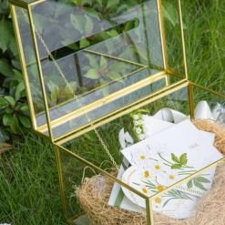 Handmade 12" Large Gold Rectangle Geometric Glass Card Box With Slot Lock For Keepsake, Wedding Reception, Postbox -Ncyp Garden Sale Shop G01A5964