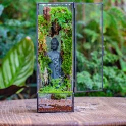 NCYP Close 11.8" Tall Geometric Glass Terrarium With Door Building DIY Set, With Buddha, Dragon Rocks, Planting Materials