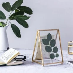 5x7" Brass Gold Tabletop Vintage Frame Geometric Ornament Plant Specimen Clip Modern Decor Card Holder 2-Folded Reception Engagement