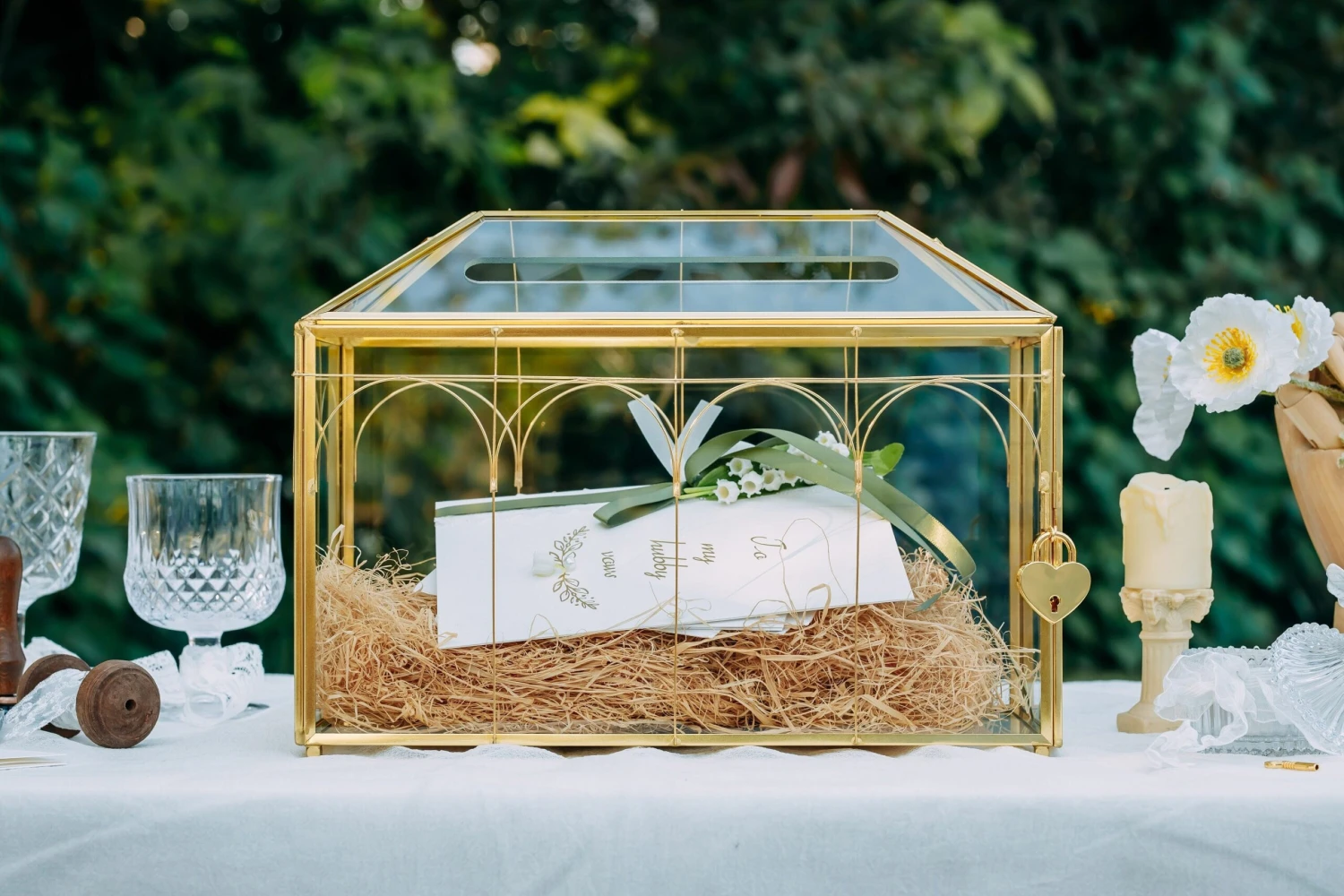 Vintage Gold Large Geometric Glass Card Box Terrarium With Slot, Heart Lock, Foot, Handmade Brass For Wedding Reception Wishwell Keepsake 3 Vintage Gold Large Geometric Glass Card Box Terrarium With Slot, Heart Lock, Foot, Handmade Brass For Wedding Reception Wishwell Keepsake - Image 3
