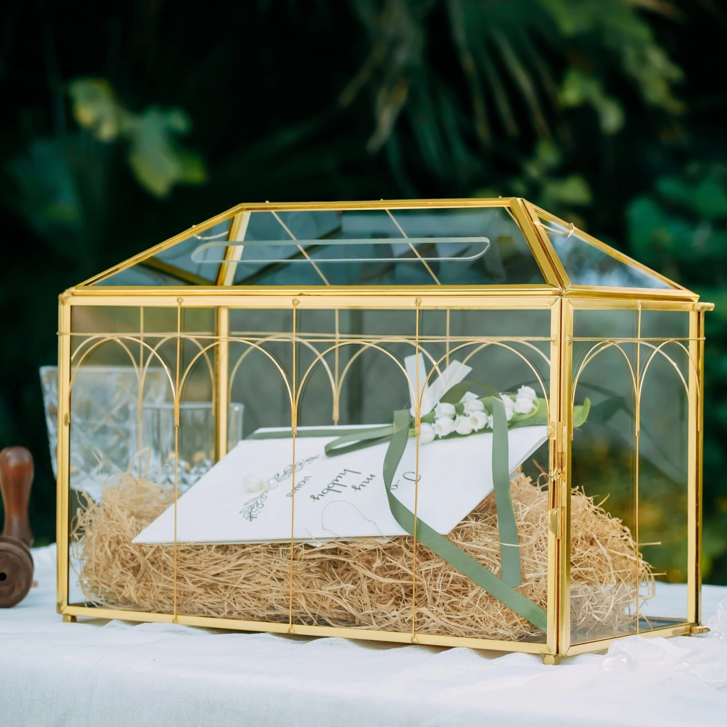 Vintage Gold Large Geometric Glass Card Box Terrarium With Slot, Heart Lock, Foot, Handmade Brass For Wedding Reception Wishwell Keepsake 1 Vintage Gold Large Geometric Glass Card Box Terrarium With Slot, Heart Lock, Foot, Handmade Brass For Wedding Reception Wishwell Keepsake