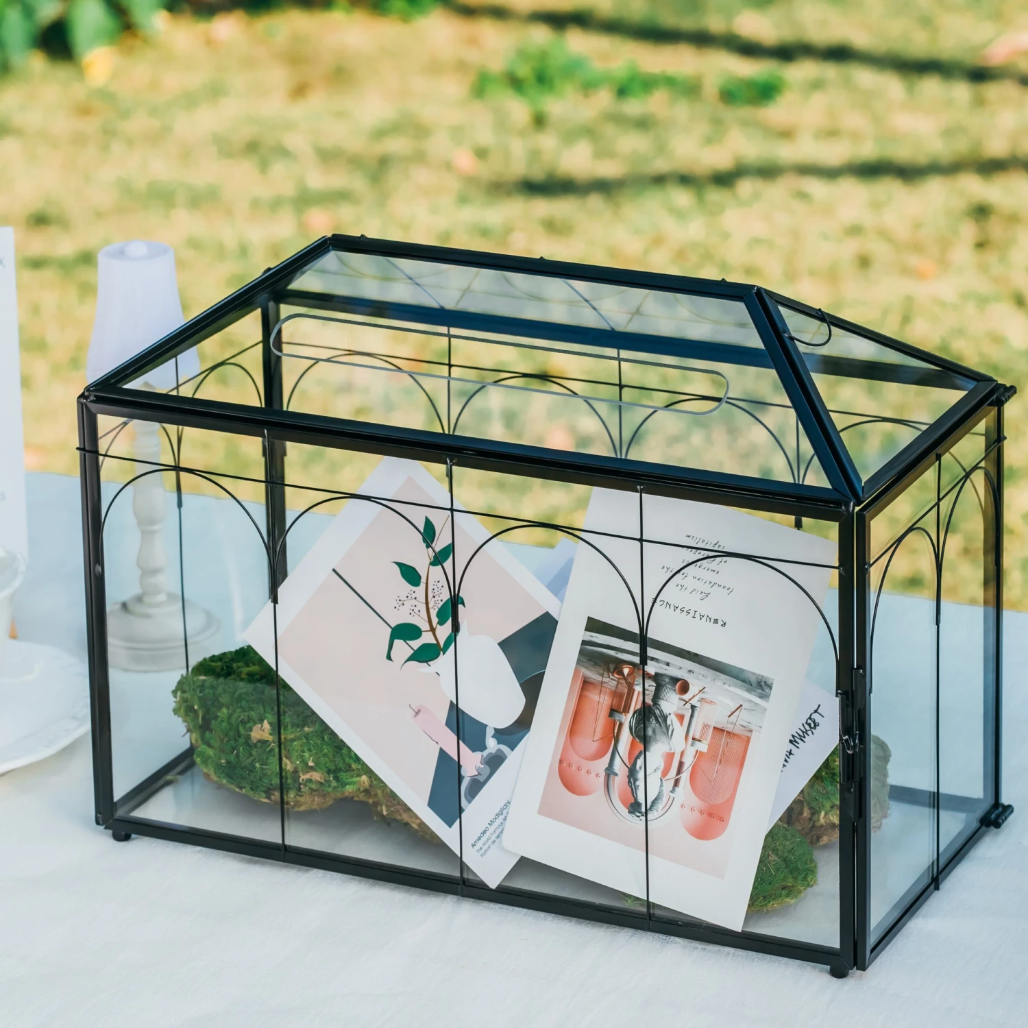 Vintage Black Large Geometric Glass Card Box Terrarium With Slot, Heart Lock, Foot, Handmade Brass For Wedding Reception Wishwell Keepsake 4 Vintage Black Large Geometric Glass Card Box Terrarium With Slot, Heart Lock, Foot, Handmade Brass For Wedding Reception Wishwell Keepsake - Image 4