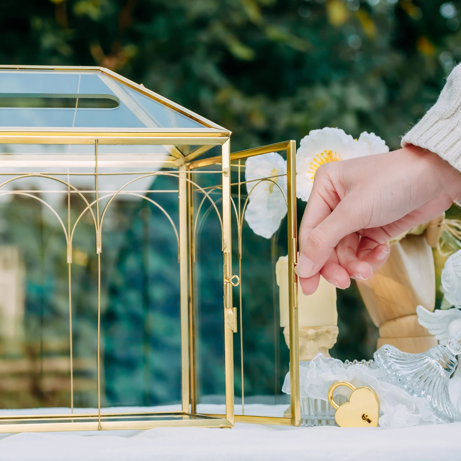 Vintage Gold Large Geometric Glass Card Box Terrarium With Slot, Heart Lock, Foot, Handmade Brass For Wedding Reception Wishwell Keepsake 8 Vintage Gold Large Geometric Glass Card Box Terrarium With Slot, Heart Lock, Foot, Handmade Brass For Wedding Reception Wishwell Keepsake - Image 8