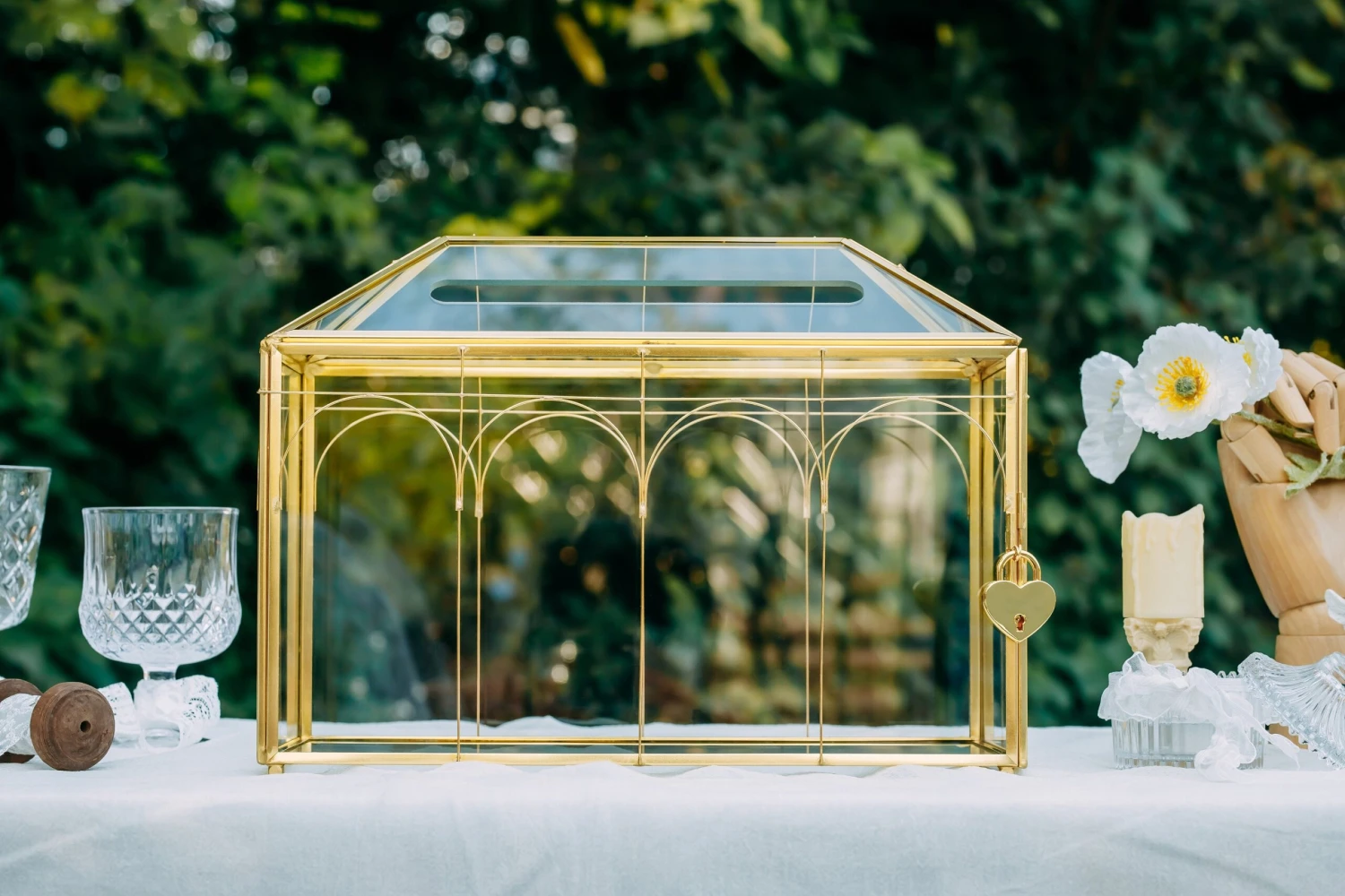 Vintage Gold Large Geometric Glass Card Box Terrarium With Slot, Heart Lock, Foot, Handmade Brass For Wedding Reception Wishwell Keepsake 2 Vintage Gold Large Geometric Glass Card Box Terrarium With Slot, Heart Lock, Foot, Handmade Brass For Wedding Reception Wishwell Keepsake - Image 2