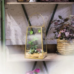 Handmade Copper Gold Echelon Geometric Glass Terrarium Hanging Wall Holder Lantern With Handle -Ncyp Garden Sale Shop product image 557798860