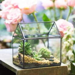 Handmade Black House Shape Glass Geometric Terrarium Wth Lid For Succulent Fern Moss Airplants -Ncyp Garden Sale Shop product image 564595357