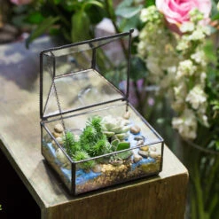 Handmade Small Jewelry Box Geometric Glass Terrarium With Cover For Airplants Succulents Moss Ring -Ncyp Garden Sale Shop product image 587489755