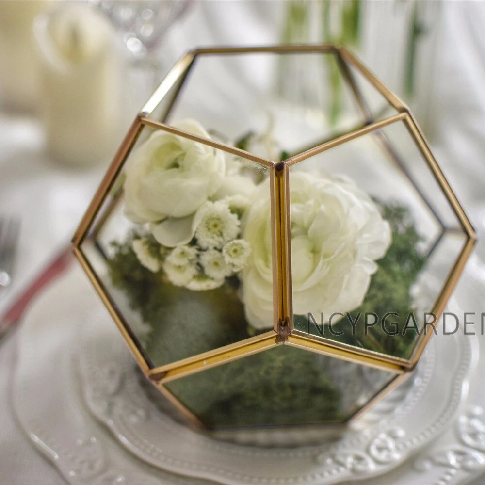 Handmade Gold Tabletop Polyhedron Glass Geometric Terrarium For Wedding Section Reception 5 Handmade Gold Tabletop Polyhedron Glass Geometric Terrarium For Wedding Section Reception - Image 5