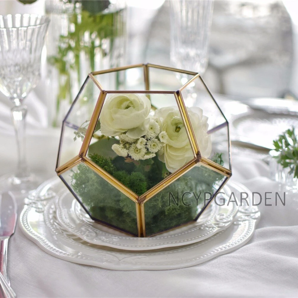 Handmade Gold Tabletop Polyhedron Glass Geometric Terrarium For Wedding Section Reception 6 Handmade Gold Tabletop Polyhedron Glass Geometric Terrarium For Wedding Section Reception - Image 6