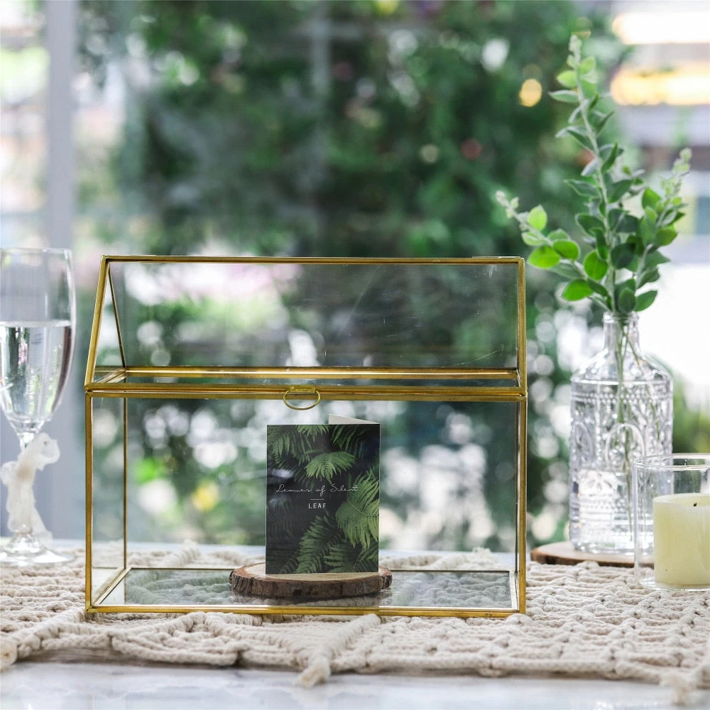 Handmade Gold House Shape Glass Geometric Terrarium Card Wishwell Reception Box For Wedding Ceromony 1 Handmade Gold House Shape Glass Geometric Terrarium Card Wishwell Reception Box For Wedding Ceromony