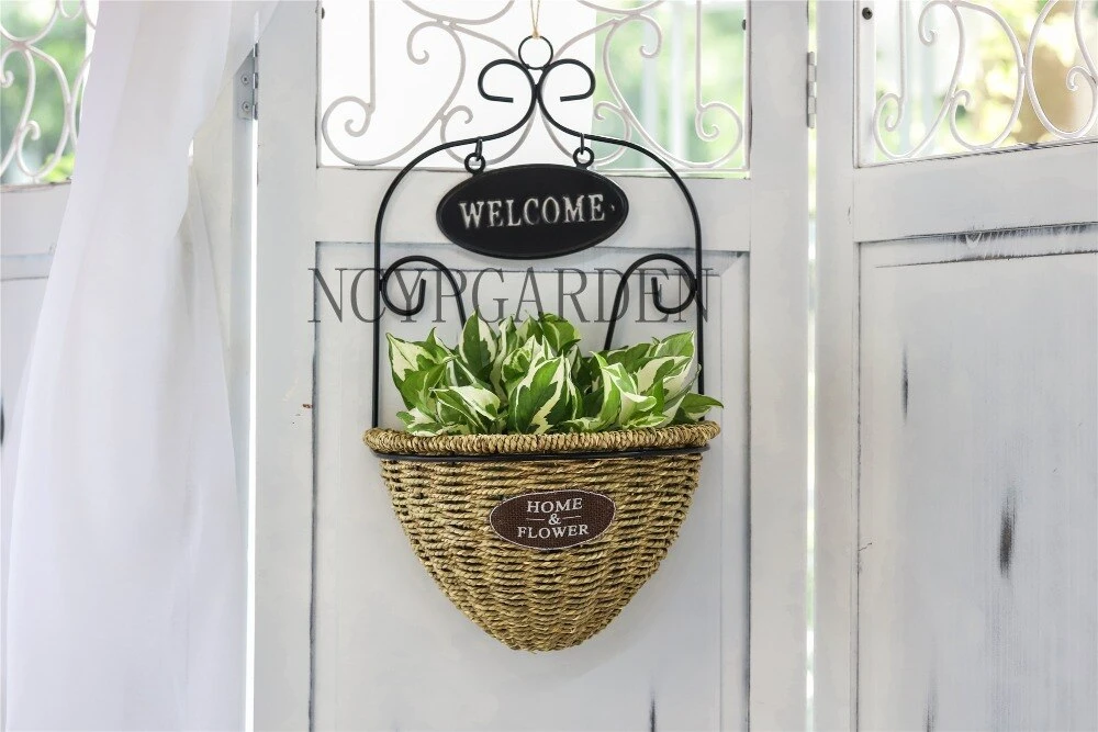 Pastoral Style Handmade Metalwork Wickerwork Basket Wall Hanging Planter For Home Garden Flower Pot 6 Pastoral Style Handmade Metalwork Wickerwork Basket Wall Hanging Planter For Home Garden Flower Pot - Image 6