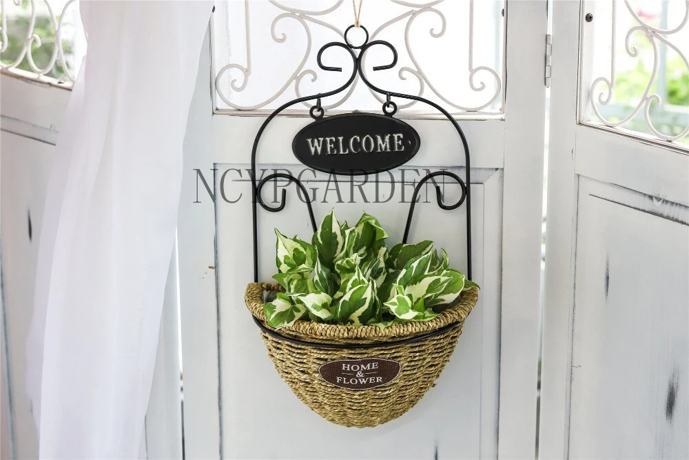 Pastoral Style Handmade Metalwork Wickerwork Basket Wall Hanging Planter For Home Garden Flower Pot 2 Pastoral Style Handmade Metalwork Wickerwork Basket Wall Hanging Planter For Home Garden Flower Pot - Image 2